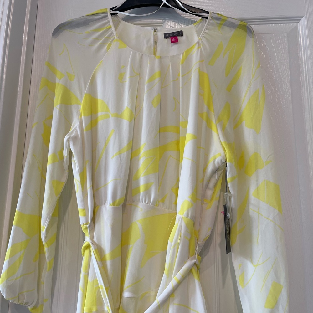 #301 Vince Camuto Asymmetric Chiffon Yellow Dress Size L Long Sleeve Ruffle Knee